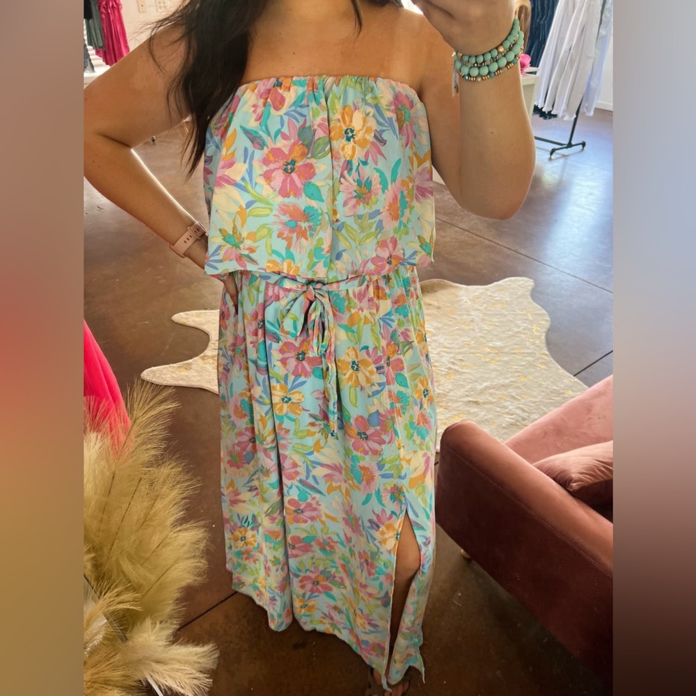 3/$25! NEW!! Emily Wonder Multi Floral Flounce Top Strapless Boutique Maxi Dress - Picture 9 of 9